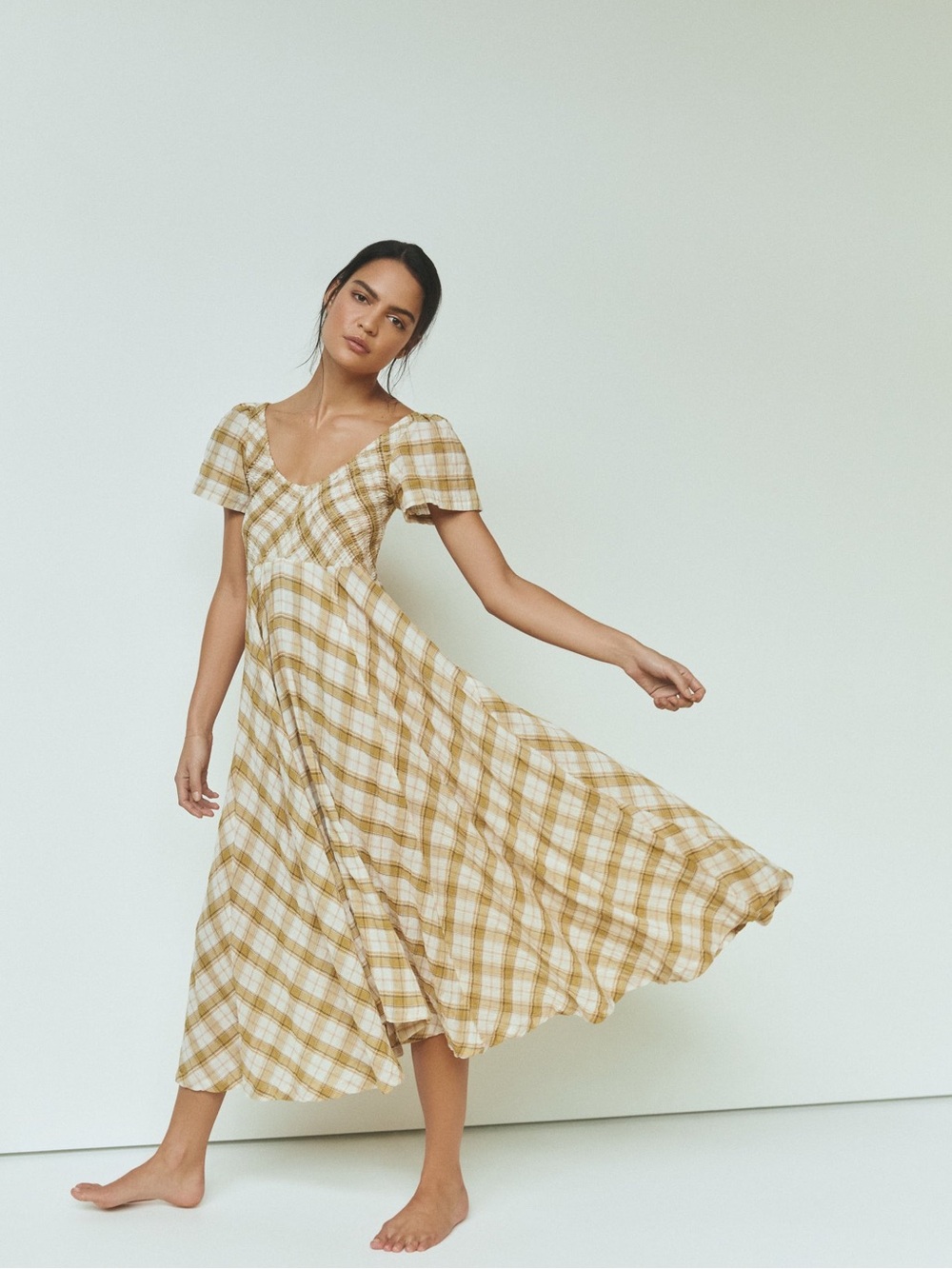 Opie Byron Bay Mustard Plaid Cotton River Maxi Dress M